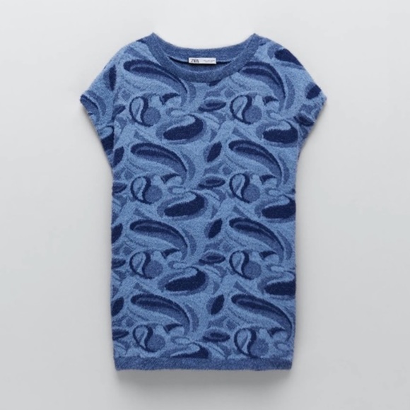 NEW Zara Blue Fuzzy Eyelash Blue Paisley Sweater Vest/Skirt Set - Picture 3 of 10